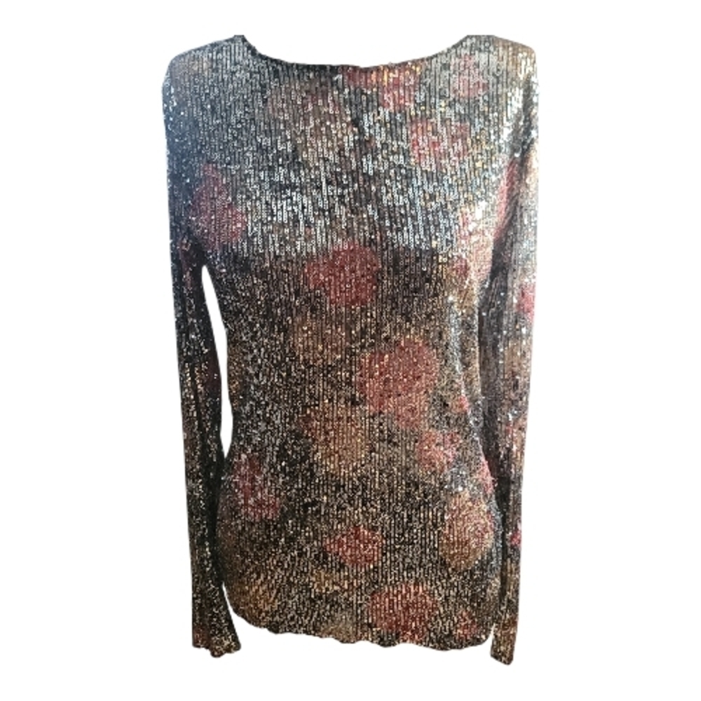 Printed Gold Rush Long Sleeve Blouse - Black, Gold, and Red Sequins, Medium